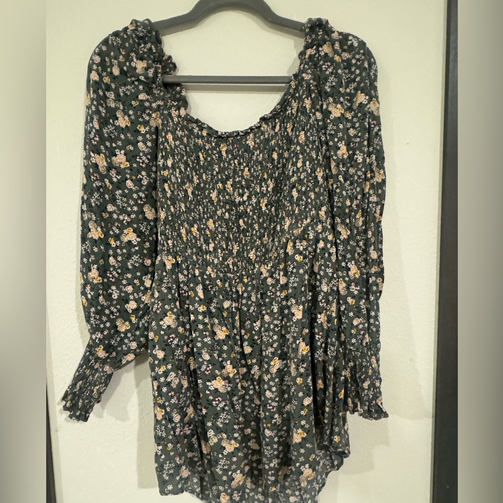 Dark Green Floral Smocked Long Sleeve Dress